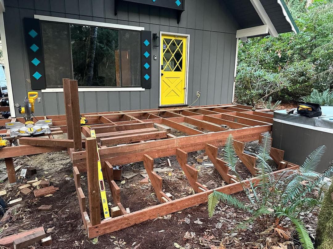 Front view of back porch during it's construction.